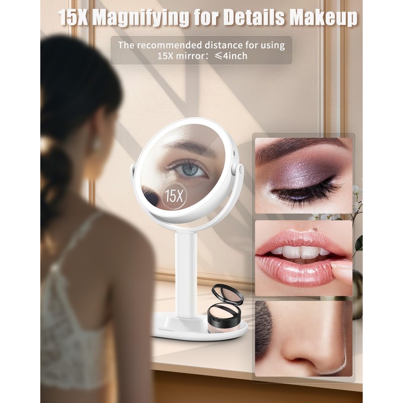 vpu 15X Magnifying Makeup Mirror with Lights, Double Sided 360°
