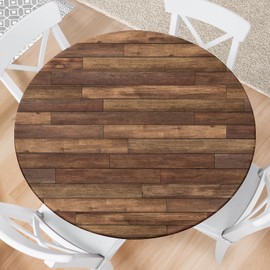 Kamoor Farmhouse Round Fitted Tablecloth with Elastic Edge Wooden Brown Outdoor Tablecloth Waterproof Table Cover for Picnic Dinner Party Decor Fits 40-44" Diameter Round Tables