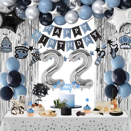 Miidenks 22nd Birthday Decorations, Dusty Blue & Silver, 72 Pieces, Balloons, Curtains, Banners, Adults, Unisex