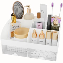 Makeup Organizer with Drawers, Cosmetic Storage for Dresser Vanity and Bathroom Countertop, Beauty Holder for Lipstick Brush, Skincare Organizer for Vanity, Cosmetic Display Case (White)