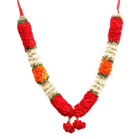 Artificial Large Mala Flower Ribbon Garland Haar Mala for Idol-Mala for God Pooja Sringar Articles Ornament for Multipurpose Indian Traditional Cultural Festival Decor(Size:-16")(Red,Orange)