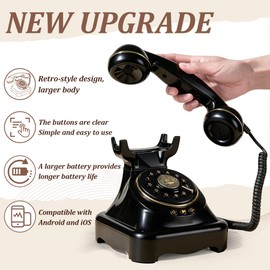 FiayaCom Bluetooth Landline Phone, Retro Rotary Phone with Speakerphone, Music Playback, Voice Assistant Wake-Up, USB Charging for Home Office, Living Room, Bedside (Large Black)