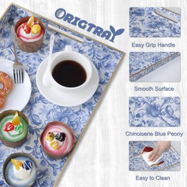 ORIGTRAY Serving Tray with Handles, Rectangular Plastic Tray 15.75x11.81 Inch, Blue and White Peony Chinese Porcelain Style Decorative Tray for Kitchen, Dining Table, Vanity, Office & Home