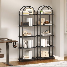 HOOBRO 5 Tier Open Bookshelf, Industrial Arched Bookcase Display Shelf Rack, Wooden Bookcase Storage Shelf Metal Frame, Tall Storage Organizer for Home, Easy Assembly, Black BB176SJ01