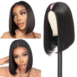 Short Bob V Part Wig Real Hair Wig Straight Bib Human Hair Wig, Short Bob Wig Women's Real Hair Upgrade U Part Wig V Clip In Half Wig 100% Brazilian Real Hair 12 Inches