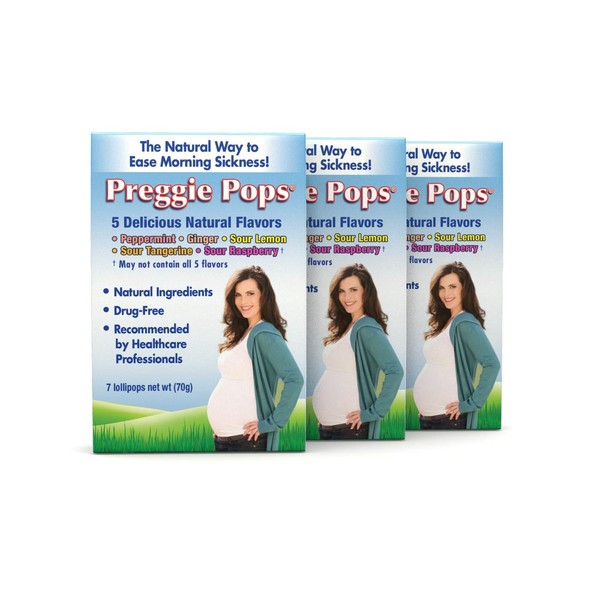 Preggie Pops, Morning Sickness during pregnancy, Safe for pregnant Mom & Baby, Gluten Free, 7 Flavors: Lemon, Raspberry, Peppermint & More, 7 Count, Pack of 3