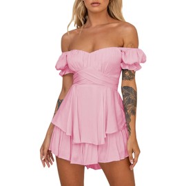 L&ieserram Women's Loose Short Jumpsuit Solid Color Lantern Short Sleeve Off-shoulder Ruched Ruffled Playsuit (Pink, S)