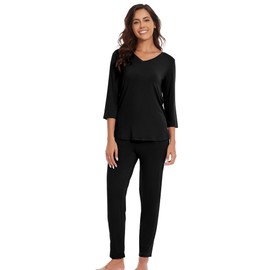 WiWi Viscose from Bamboo Soft Lounge Sets 3/4 Sleeve Pajamas for Women S-XXL, Black, Small