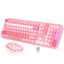 Wireless Keyboard and Mouse,MOFII Full-Size Cute Colorful Keyboard and Mouse Retro Typewriter Ergonomic Keyboard soft  keyboard computer keyboard:_Pink