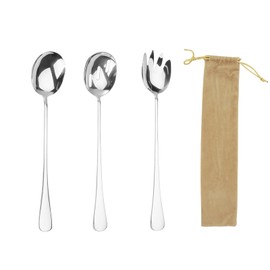KAHOUI Set of 3 Salad Servers Stainless Steel Salad Bowl Spork with Thick Handle, Polished Salad Serving Spoon, Salad Spork Serving Spoon, Large Long Spoon for Family Camping Travel Outdoors
