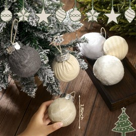 Norme 10 Pcs Neutral Christmas Ball Ornament 3.15" Rustic Farmhouse Plush Faux Fur Cable Knitted Hanging Ornament Ball for Xmas Tree Handmade Crochet Decor Neutral Xmas Wreath Mantel Garland Decor