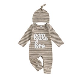 Barbotimer Little Brother Newborn Outfit Embroidery Waffle Striped Rompers Long Sleeve Jumpsuit Retro Long Sleeve Bodysuit Hat Cute 2Pcs Coming Home Fall Winter Clothes (Coffee, Newborn)