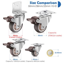 W B D WEIBIDA Side Mount Casters 2 Inch L-Shaped Heavy Duty Castor Wheels with Load Capacity 600 LBS, 360 Degree Plate Swivel Trolley Caster for Furniture, Set of 4 Rubber Casters with 4 Brakes
