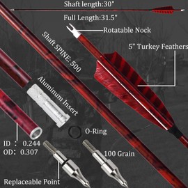 30 Inch Camo Carbon Arrows 500 Spine Archery Hunting Arrows with 4" Turkey Feather and Removable Tips Target Arrows for Compound Bow Recurve Bow Traditional Bow (6, Red)