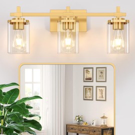 Spiglamm 3-Lights Gold Bathroom Light Fixtures, Bathroom Vanity Light Over Mirror, Brushed Gold Wall Lights with Glass Shades, Bathroom Wall Mounted Lamp for Living Room Bedroom Hallway