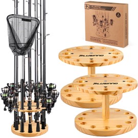 PLUSINNO 2PACK V12 Fishing Rod Holders for Garage, Vertical Fishing Pole Holders Wooden Round Floor Stand, Fishing Rod Rack Holds up to 24 Rods or Fishing Nets Storage Organizer Racks