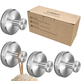 STWWO Suction Cup Hooks for Shower, Bathroom, Hanging Towels, Loofah, Robe, Mounting on Shower Glass Doors, Tile, Mirrors, Brushed Nickel, Rubber Suction Cup, 4-Pack