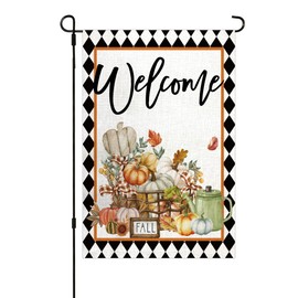 Welcome Fall Pumpkin Garden Flag 12x18 Inch Double Sided for Outside Thanksgiving Burlap Welcome Autumn Yard Flag (Fall-01)