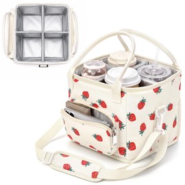 4 Compartments Drink Carrier Bag with Strap,Strawberry,Beige