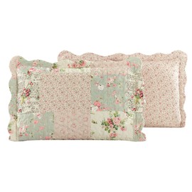 Brilliant Sunshine Traditional Rose and Sage Patchwork Pillowshams Set, Quilted Standard Pillowcases, 20x26 with 2" Flange, Scalloped Edge Pillow Covers, Pack of 2, Pink