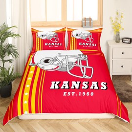 Erosebridal American Football City Duvet Cover Football Sports Game Full Bedding Set with 2 Pillowcases, American Football Helmet Comforter Cover Teen Boys Football Bedroom Decor, Yellow Red (Kansas)