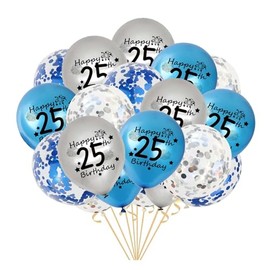 25th Birthday Balloons Blue Silver for Men, Pack of 20 Blue Silver Happy 25th Birthday Latex Confetti Balloons for Men Him Boyfriends 25 Years Old Birthday Decorations