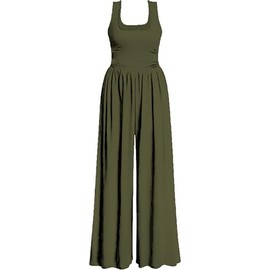 AGUCEG Women's Summer Jumpsuit Square Neck Sleeveless Jumpsuit Wide Leg Romper with Pockets Elegant Casual One-Piece Baggy, Green, L