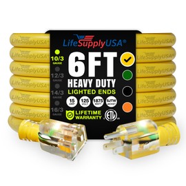 6ft Outdoor/Indoor Extension Cord 10/3 Gauge Ultra Heavy Duty 3 Prong SJTW, Waterproof, ETL Listed, Flexible Cold-Resistant Long Power Cord,15A 125V 1875W, Yellow by LifeSupplyUSA