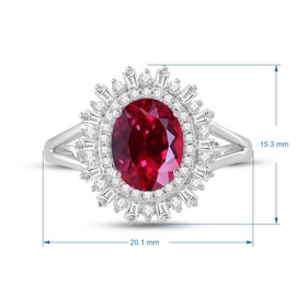 Jewelili Sterling Silver 9x7 MM Oval Created Ruby with Baguette and Round Created White Sapphire Engagement Ring Size 7