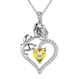 November Birthstone Zirconia Citrine Necklace Rose Flower Foever Love Heart Pendant Necklace Sterling Silver Birthstone Necklace Jewellery Gifts for Mum Wife Girlfriend Anniversary Christmas FP0219N