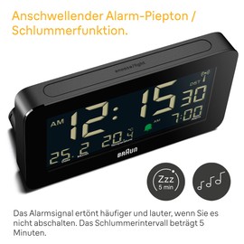 Braun BC10B-DCF Radio Digital Alarm Clock for Central European Time Zone (DCF) with Date, Month and Temperature Display, Negative LCD Display, Quick Setting, Black