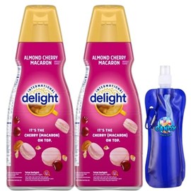 International-Delight Liquid Coffee Creamer.- Pack of Two (2) 32 fl oz Bottles of Smooth & Creamy Delightful Coffee Creamer and Candy Freezer Collapsible Bottle (Almond Cherry Macaron) - Bottle