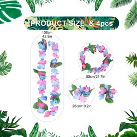 4 Pcs Hawaiian Garland Set Party Decoration, Hawaiian Leis Tropical Necklace Flower Bracelets Headbands,Hawaiian Luau Fancy Dress Party Accessories for Adults Kids,Beach Theme Party Supplies (Blue)