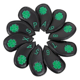 Leather Golf Club Iron Head Covers | 10 Piece Set | Black with Green 4 Leaf Clover Shamrock