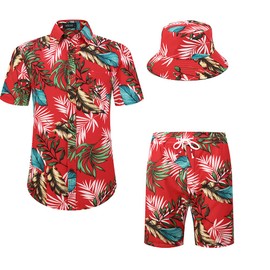 MCEDAR Men's Hawaiian Shirt and Short 2 Piece Vacation Outfits Sets Casual Button Down Beach Floral Shirts Suits With Bucket Hats 202127-M