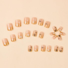 TBRZTR Christmas Press on Nails Short Square Black White Snowflake False Nails Glitter Powder Design Full Cover Glossy Glue on Nails Xmas Acrylic Nails French Stick on Nails for Women Festival Nails