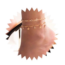 Inilbran Boho Rhinestone Pendant Ankle Bracelet Crystal Star Dangle Anklet Bracelet Vintage Rhinestone Chain Anklet Gold CZ Anklet Jewellery for Women and Girls 2 Pieces