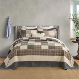 SahSahCasa 128"x120" 100% Cotton Oversized California King XL Bedspread Coverlet Quilt Set, Cal King Quilted Bedspread Extra Large Quilt, Bed Spread Lightweight Comforter, 3pc, Charcoal/Beige/Brown