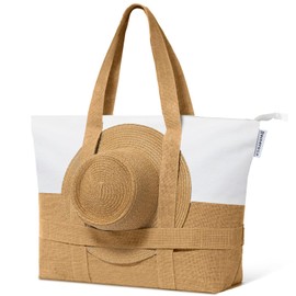 Reiseresa Beach Bag with Hat Holder Strap, Large Beach Bag with Zipper, Beach Tote Bag for Women, Woven Beige
