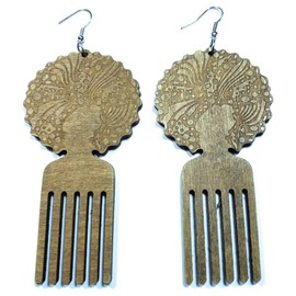 Teri's Boutique Afrocentric African Afro Pick Comb Style Women Hair Wood Natural Color Drop Dangle Earrings (Brown)