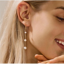 Pearl Drop Earrings for Women Trendy,Dainty Dangle Earrings Simple Small Pearl Wedding Earrings Fashion 14k Gold Plated Long Chain Earrings for Women Vintage Gold Jewelry Bridesmaids Gifts