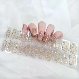 22pcs Semi Cured Gel Nails Strips Tips UV Nail Stickers Polish Wraps-Works with UV Nail Lamp Light, 2 Prep Pads Nail File Wooden Stickers DIY Manicure Easy to Apply&Remove