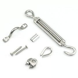 DYWISHKEY Stainless Steel Cable Railing Kits, 2PCS M5 Eye&Hook Turnbuckle,4PCS M3 Thimbles, 4PCS M3 Wire Rope Cable Clip,10PCS M3 Crimping Loop Sleeve,4PCS M5 Wire Eye Straps, 8PCS Screws
