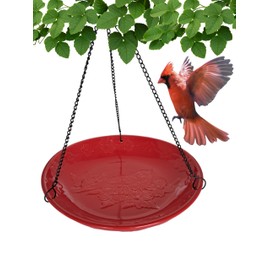 Backyard Essentials Red Ceramic Hanging Birdbath, Black Metal Chain Hanger, Cardinal Bird Bath