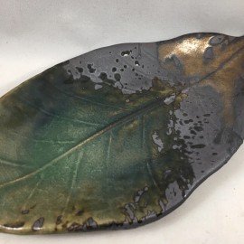 Japanese Dinner Sushi Dish Plate Ceramic 8.5"L x 4.25"W Rustic Metallic Leaf