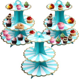 Roellgs 3 Pack Round Cardboard Cupcake Stand, 3-Tier Silver Cupcake Holder Dessert Tower for 24 Cupcakes, Perfect for Wedding, Birthday Party, Baby Shower and Graduation (Plum Blue)