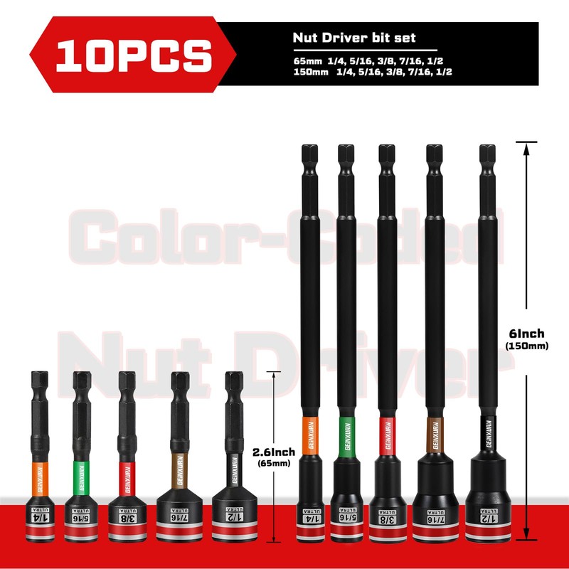 Geinxurn Impact Nut Driver Set, 10 Pieces 2.56”6”Long 1/4”5/16”3/8”7/16” 1/2”6