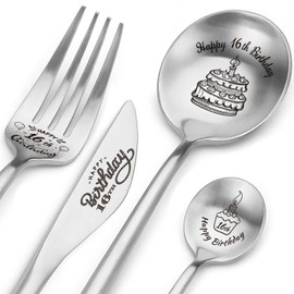 Juego de cubiertos de feliz cumpleaños 16, regalos grabados personalizados, 4 piezas, cuchillo de cena, cuchara, tenedor, cuchara de té, regalos de cumpleaños para hijo, hija, hermana, hermano, amigos