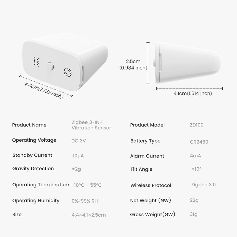 MHCOZY Smart Vibration Sensor, Tuya Zigbee 3-in-1 Tilt Drop Alarm,