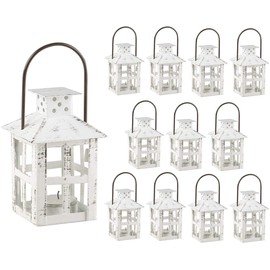 Kate Aspen Mini Decorative Lanterns - Set of 12 - Vintage Metal Lantern Candle Holders for Wedding Centerpiece, Home Decor and Party Favor (White)